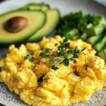 Keto Breakfast Plate with Creamy Scrambled Eggs & Avocado First Image First Image